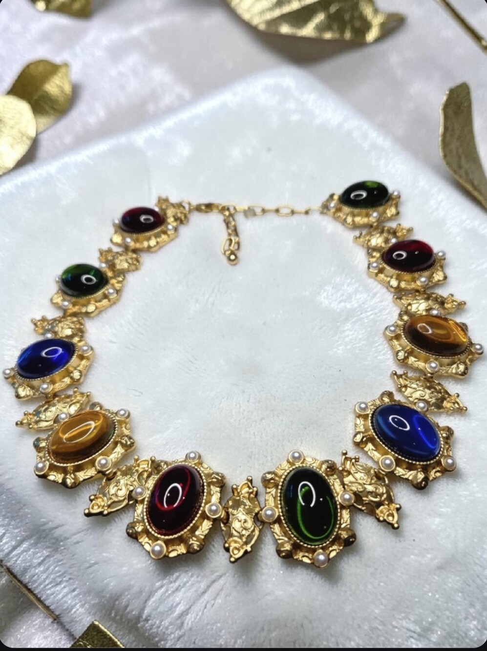 18k Matte Gold Plated Royal Regal Moghul Glass Pearl Cabochon Statement Necklace